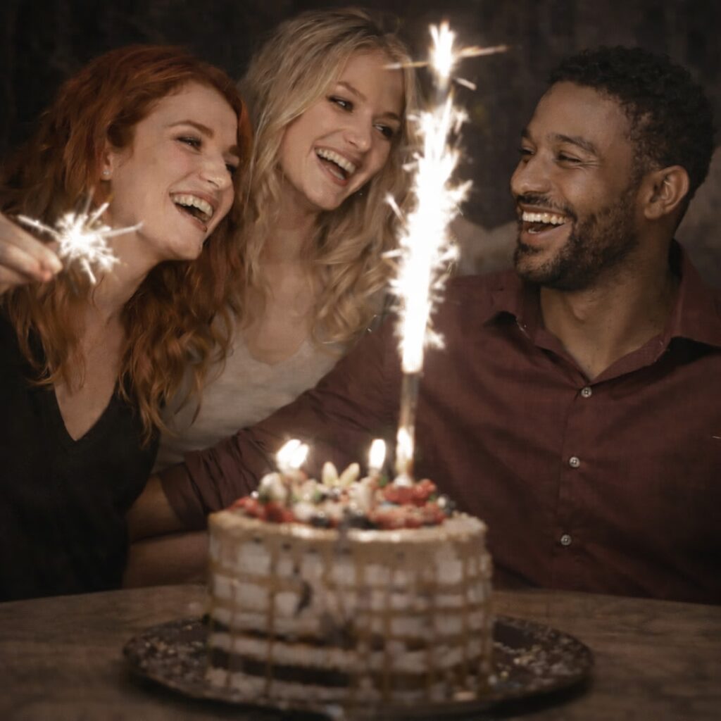 Blije gasten met een ijsfontein op tafel